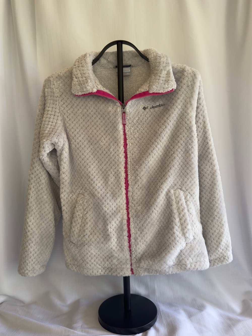 Columbia Fireside Sherpa Light Gray Jacket with Pink Zipper Girls XL